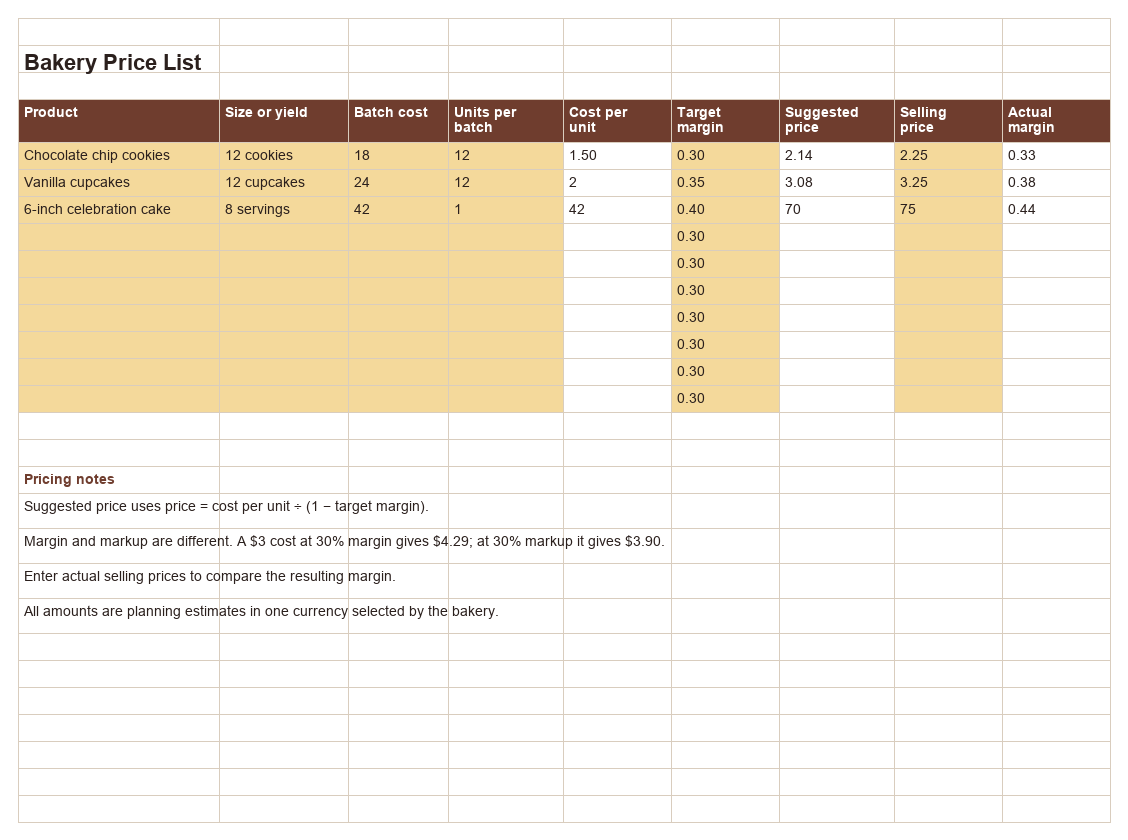 Preview of the Bakery Price List workbook