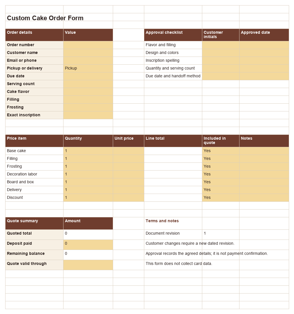 Preview of the Custom Cake Order Form workbook