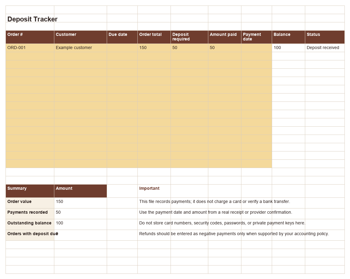 Preview of the Deposit Tracker workbook