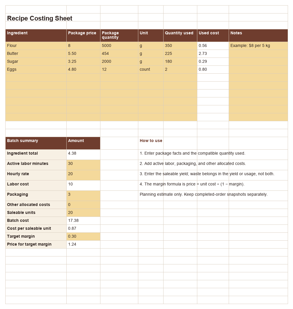 Preview of the Recipe Costing Sheet workbook