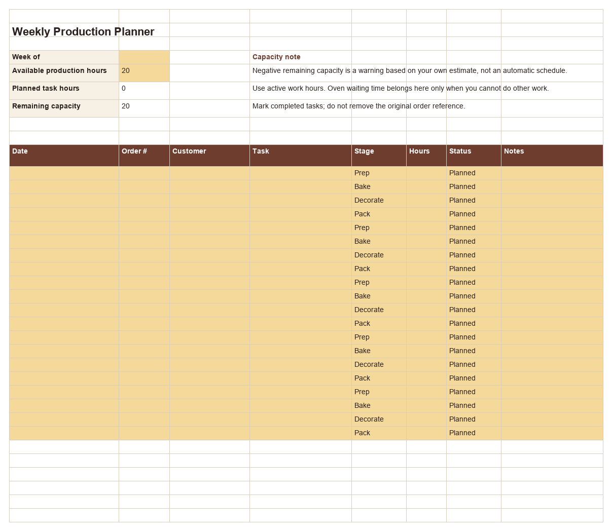 Preview of the Weekly Production Planner workbook